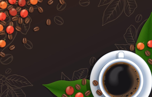 eine Tasse Kaffee und ein Blatt mit Kaffeebohnen oben
