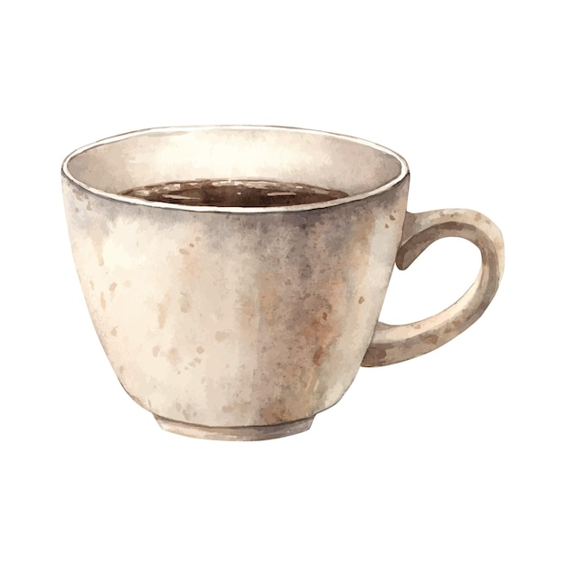 Eine Tasse mit aromatischem heißem Kaffee in einem weißen Keramikbecher Aquarell-Illustration, handgezeichnet auf einem isolierten Hintergrund Die Zeichnung eignet sich zur Dekoration von Cafés, Restaurants, Menüs und Postkarten