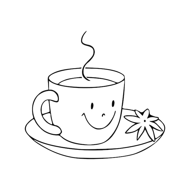 Eine tasse tee auf einer untertasse. ein einfaches doodle-symbol, ein schwarz-weißes, handgezeichnetes bild eines lächelnden mu