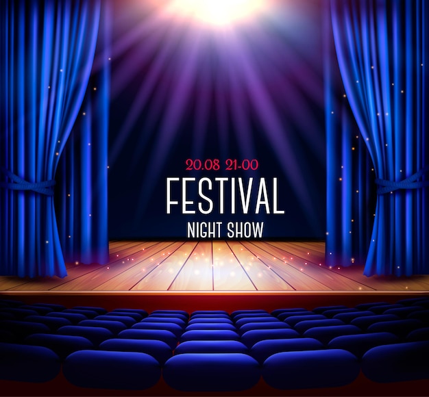 Eine Theaterbühne mit blauem Vorhang und Scheinwerfer. Festivalnacht-Show-Plakat. Vektor.