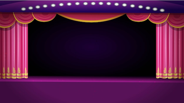 Eine theaterbühne mit einem roten offenen vorhang