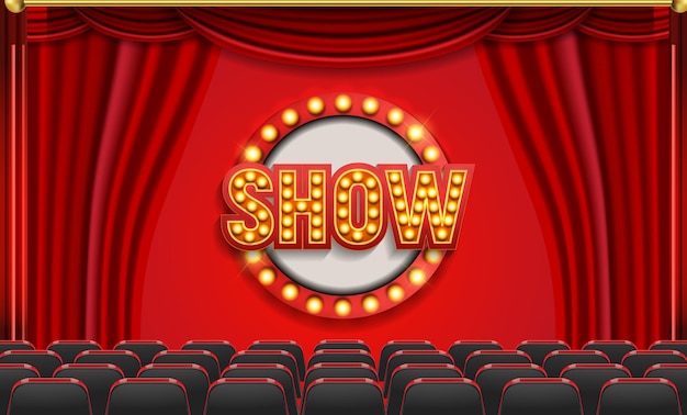 Eine theaterszene mit rotem vorhang und einem schild mit der aufschrift show.