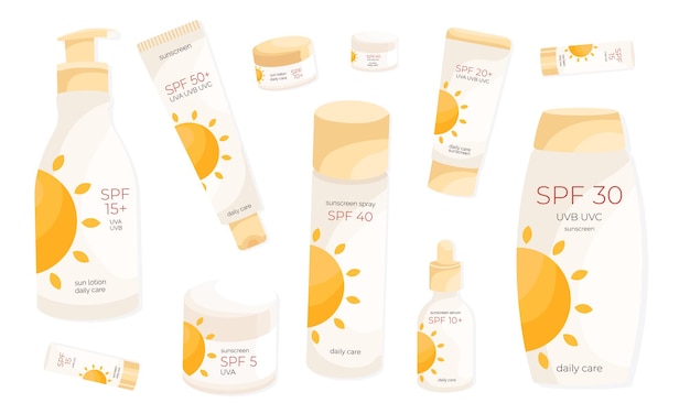 Vektor eine umfassende sammlung von sonnencreme-produkten mit einer vielzahl von spf-niveaus von spf 5 bis 50