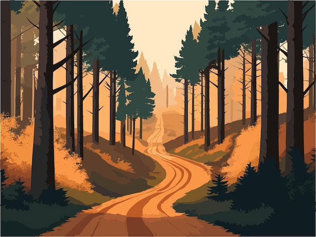 Vektor eine unbefestigte straße durch einen schrecklichen wald. flachfarbige vektorillustration.