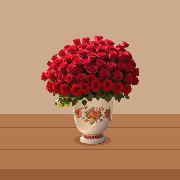 eine Vase mit roten Rosen auf einem Holztisch