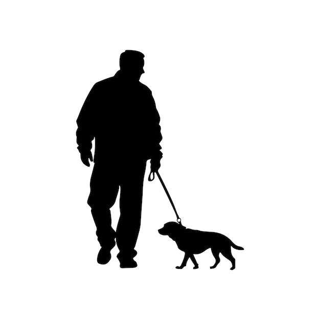 Eine vektor-silhouette eines mannes, der mit seinem hund auf einem weißen hintergrund spazieren geht