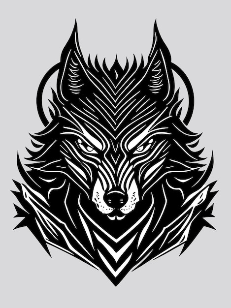 Eine vektor-stammeswolf-kopf-silhouette mythologie logo monochrom-design-stil kunstwerk illustration