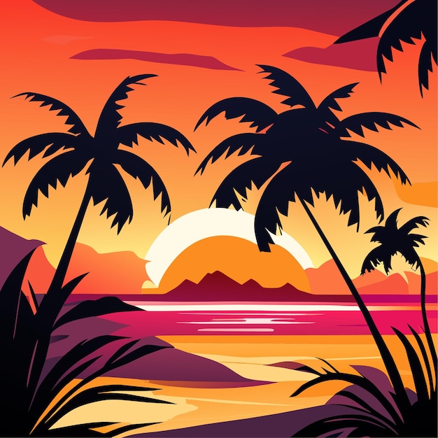 Eine verpixelte Strandszene mit leuchtend orangefarbenen und rosafarbenen Palmen, die sich im Sonnenuntergang wiegen