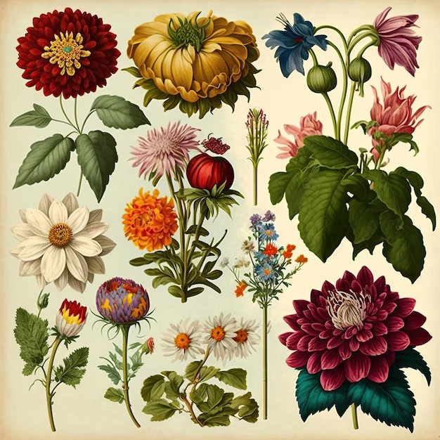 Eine Vintage Illustration der Blumen und der Blätter.