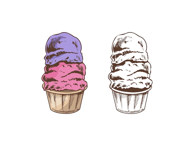 Vektor eine von hand gezeichnete farbige und monochrome skizze von gefrorenem joghurt oder weichem eiscreme-cupcake in einer tasse