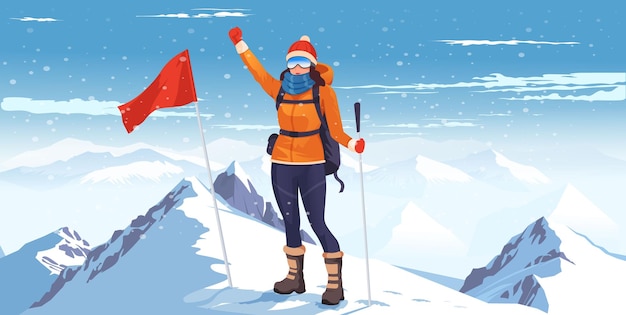 Eine Wandererin feiert auf einem verschneiten Berggipfel mit einer roten Flagge in der Hand.
