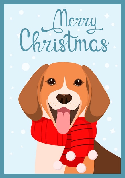 Eine weihnachtskarte mit einem lustigen beagle-hund. cartoon-design.