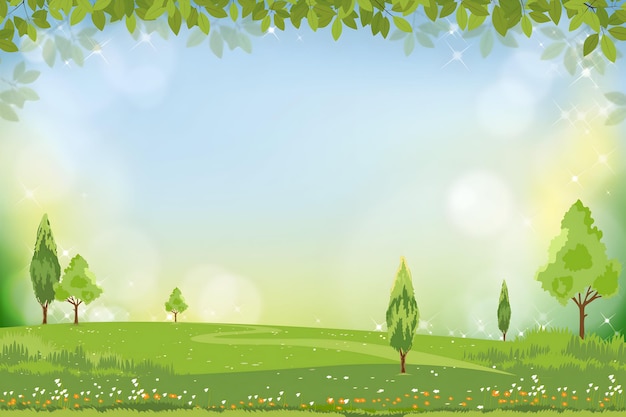 Eine wunderschöne grüne Landschaft mit Bäumen und einem blauen Himmel