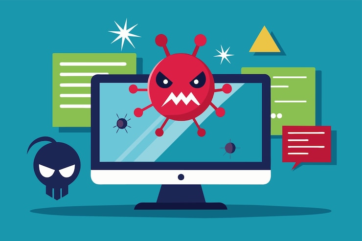 Vektor eine zeichentrickfigur ist auf einem computerbildschirm sichtbar, die eine digitale interaktion mit einem computer-malware-virus-angriff darstellt einfache und minimalistische flache vektorillustration