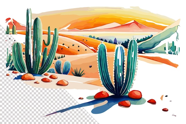 Eine Zeichentrickillustration einer Wüste mit Kakteen und Bergen