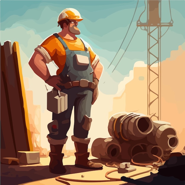 Eine Zeichentrickzeichnung eines Bauarbeiters, der vor einem großen Strommast steht.