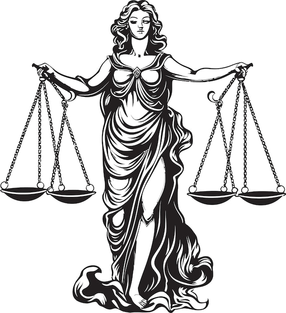 eine Zeichnung einer Frau mit einem Maßstab, auf dem steht Justiz