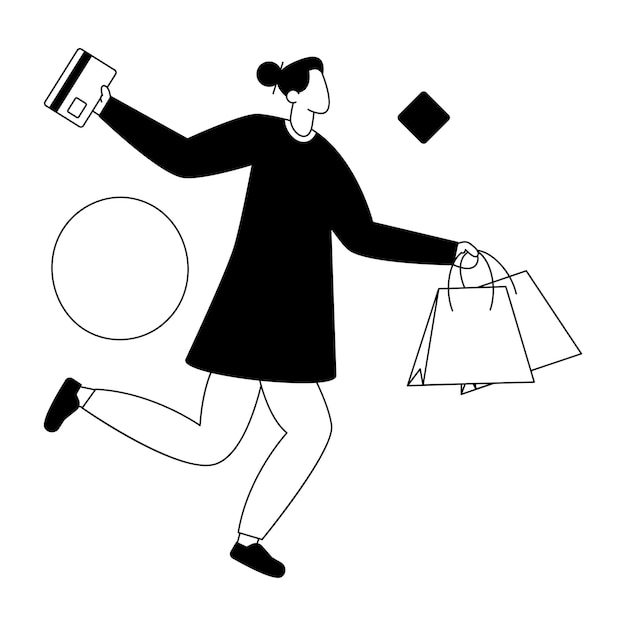 Vektor eine zeichnung einer frau mit einkaufstüten und einer tasche mit der aufschrift „käufer“.