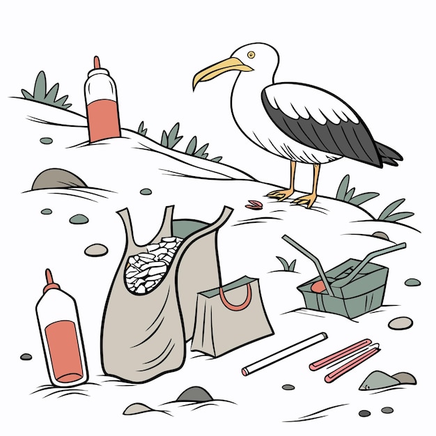 eine Zeichnung einer Möwe mit einer Flasche Wein und einer Flaske Wein