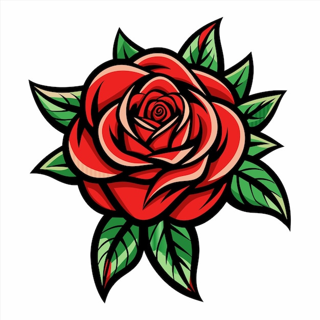 eine Zeichnung einer roten Rose mit grünen Blättern
