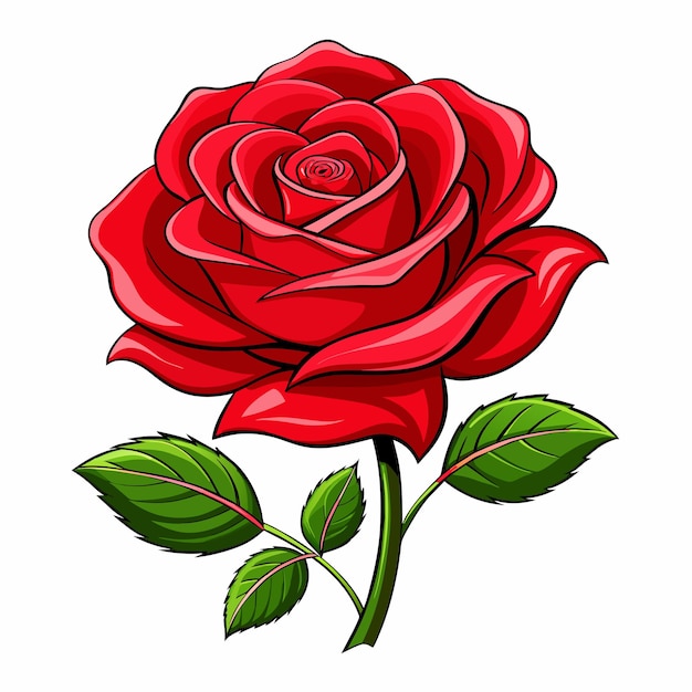 Vektor eine zeichnung einer roten rose mit grünen blättern