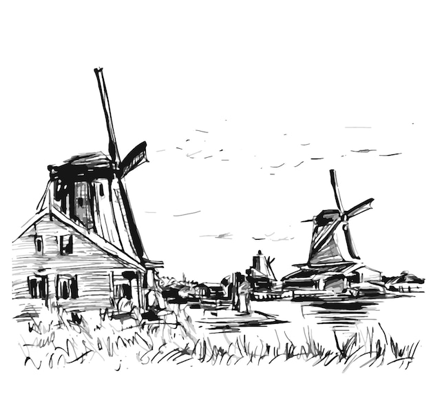 Eine zeichnung einer windmühle und einer windmülle von einer windmähle