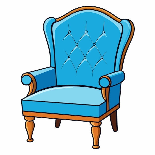Eine zeichnung eines blauen stuhls mit einem blauen rücken und einer goldenen verkleidung