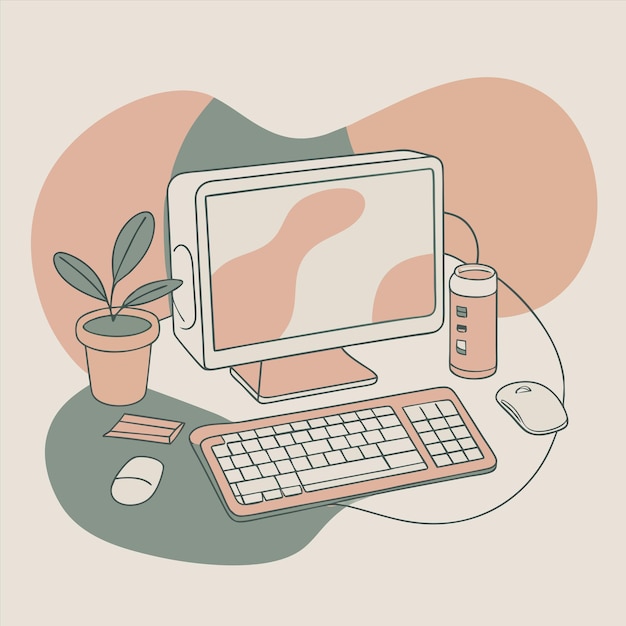 eine Zeichnung eines Computers mit einer Pflanze in der Ecke