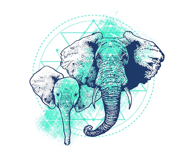 Vektor eine zeichnung eines elefanten mit blauem und grünem hintergrund