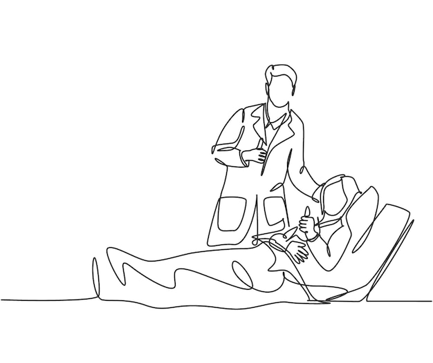 Vektor eine zeichnung eines jungen arztes, der einen patienten besucht, der schwach auf dem bett liegt und den daumen hochgibt