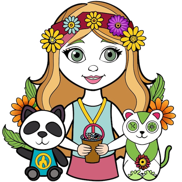 eine Zeichnung eines Mädchens mit Blumen und Pandas