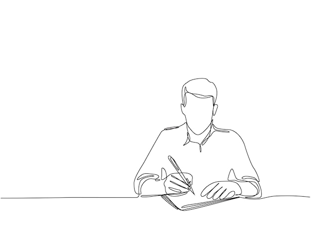 eine Zeichnung eines Mannes, der an einem Schreibtisch mit einem Stift in der Hand sitzt