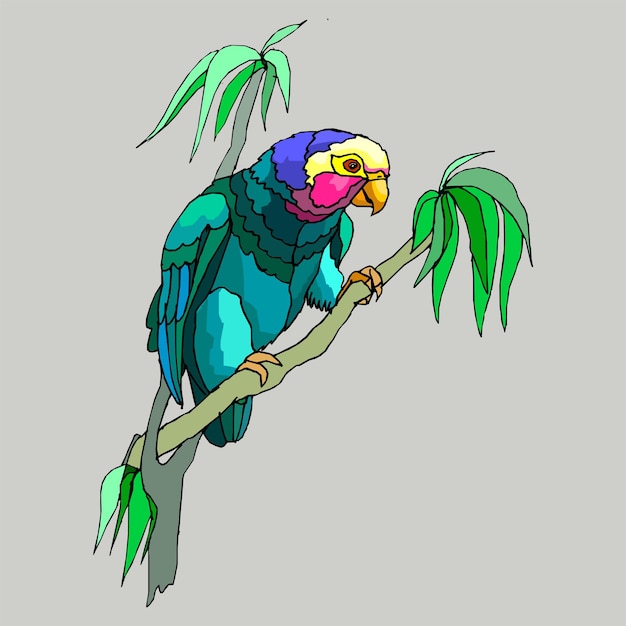 Eine Zeichnung eines Papageien mit einem grünen Blatt auf seinem Schnabel