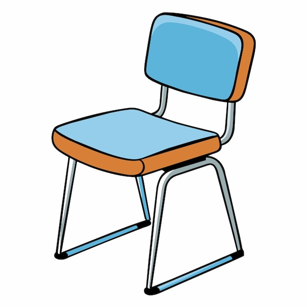 Eine zeichnung eines stuhls mit einem blauen sitz und einem weißen hintergrund