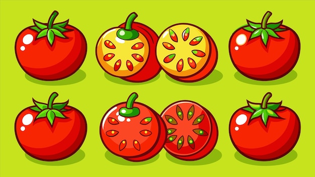 eine Zeichnung von Tomaten mit einem grünen Hintergrund mit einer Zeichnung der Tomaten auf der Unterseite