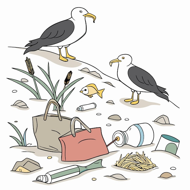 eine Zeichnung von zwei Vögeln und einer Tasche mit einem Palmbaum im Hintergrund