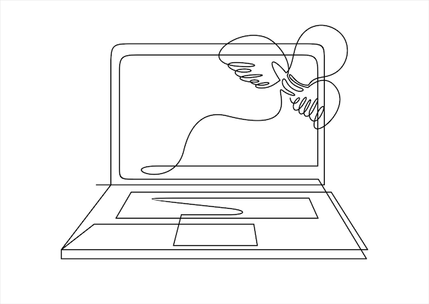 Eine Zeile Zeichnung eines Laptop-Computers mit Glühbirnen-Symbol Idee BIG IDEA Kann für Logo verwendet werden