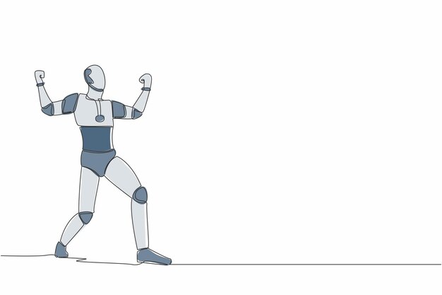 Einer kontinuierlichen Linie glücklicher Roboter steht mit erhobenen Faust Hände Zukunfts-Roboter