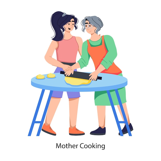 Einfach zu benutzende flache Abbildung einer Mutter, die mit ihrer Tochter kocht