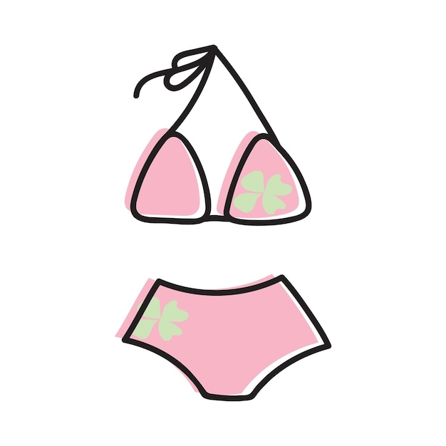 Einfache handgezeichnete illustration des sommervektors niedlicher rüschen-bikini-badeanzug grafische kritzeleien skizzieren konturzeichnung isoliert auf weiß