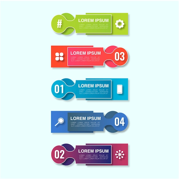 Einfache infografiken mit farbenfrohen fünf modernen minimalen schrittdiagrammdiagrammen infografikdesign