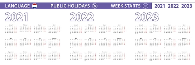 Einfache kalendervorlage auf niederländisch für 2021, 2022, 2023 jahre. woche beginnt ab montag.