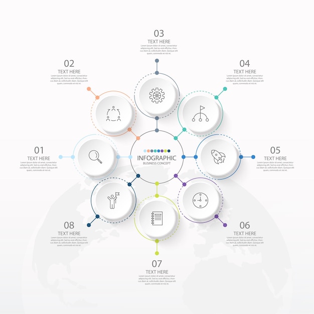 Einfache kreis-infografik-vorlage mit 8 schritten, prozess oder optionen