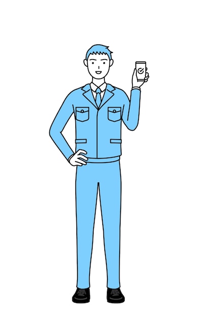 Einfache Linienzeichnung eines Mannes in Arbeitskleidung mit einem Smartphone bei der Arbeit