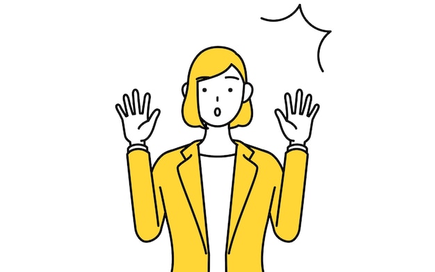 Einfache linienzeichnung illustration einer geschäftsfrau in einem anzug, die überrascht seine hand hebt