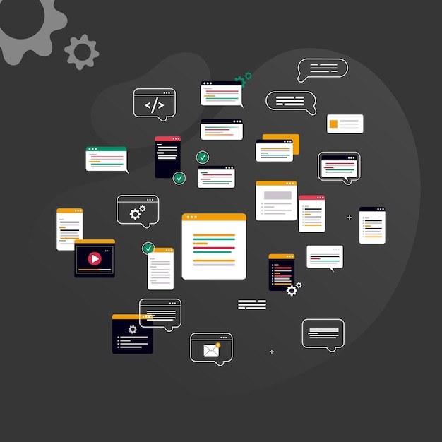 Einfache mehrfarbige Symbole im Zusammenhang mit Programmierung und Kommunikation, perfekt für Website-Blogs