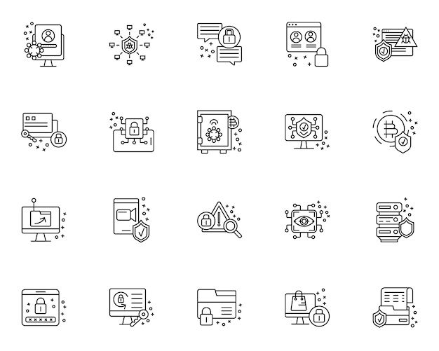 Einfache reihe von cyber-sicherheits-icons in linienart