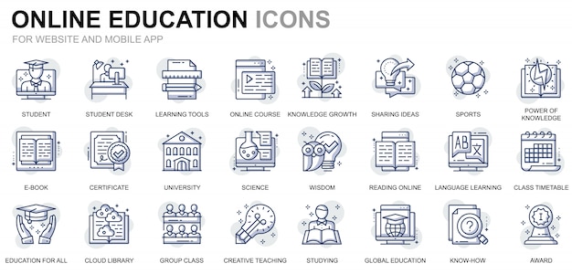 Einfache Set Bildung und Knowledge Line Icons für Website und Mobile Apps