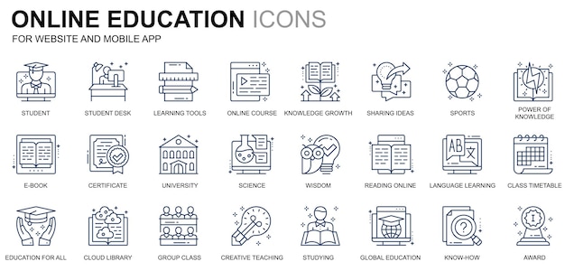 Einfache set-icons für bildung und wissen für websites und mobile apps enthalten symbole wie z...