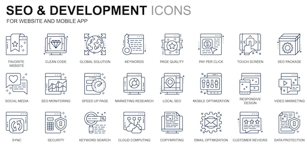 Einfache Set-Icons für SEO und Entwicklungslinien für Websites und mobile Apps enthalten solche Symbole wie z...